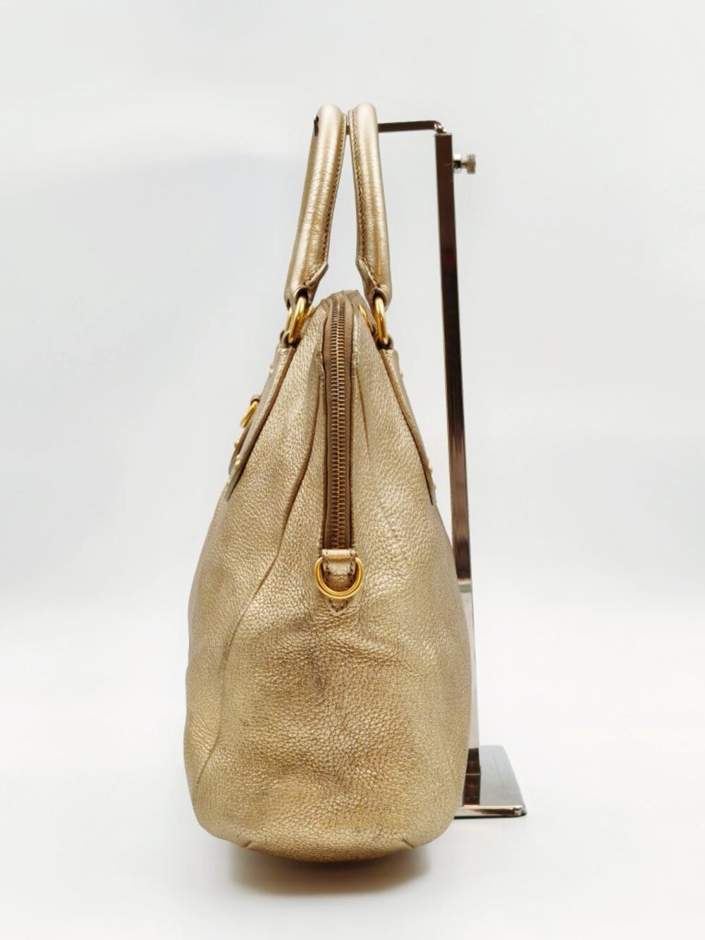 Prada Vitello Daino Metallic Gold Pebbled Leather Satchel Bag - Picture 4 of 13